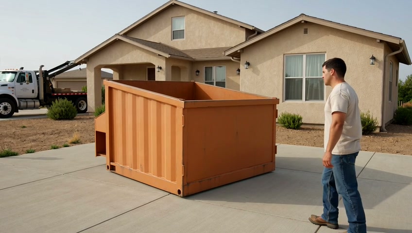 Roll-off dumpster placed in a Pueblo driveway for a residential renovation